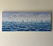 Original OIL Painting Seascape Sailing Boats in Blue Sea Ocean Wall art 20*8 inc