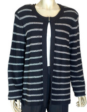 JONES NEW YORK EC BLACK SILVER METALLIC STRIPES KNIT DRESSY CARDIGAN SWEATER XL