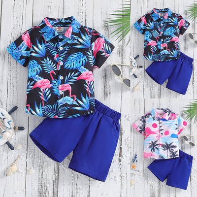 Kids Boys Hawaiian Printed Short Sleeve Shirt Shorts Summer Outfit Clothes Set