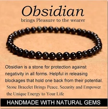 Natural Black Obsidian Stone Bracelet 4mm Healing Crystal Stretch Bracelet