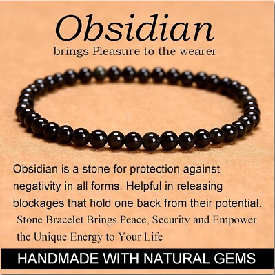 Natural Black Obsidian Stone Bracelet 4mm Healing Crystal Stretch Bracelet