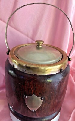 Antique Humidor Tobacco Holder Wood Barrel Ceramic Lid & Handle