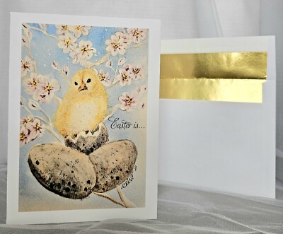 Easter Chick Watercolor Print Card Christian W/White Env Gold Foil 5.5x7.75