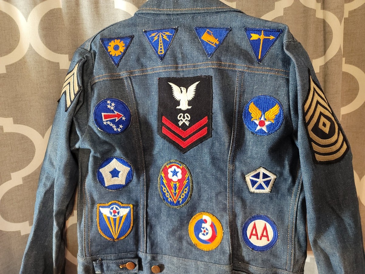 ジャケット・アウター OLD denim Parker military short Vintage Denim Jacket Insignia Patch Military USA size Small