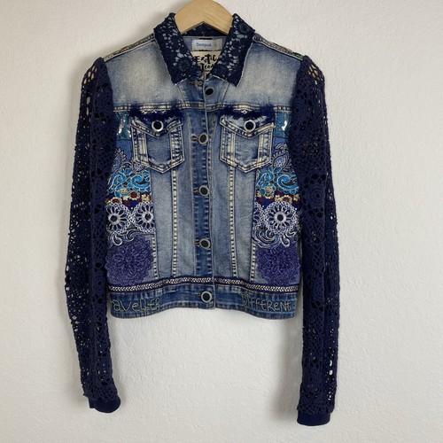 Desigual Floral Denim Womens S 38 Exotic Jean Jacket Mixed Media Artsy Boho