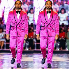 Hot Pink Silk Satin Men's Suits Fashion Wedding Groom Tuxedos 2Pcs Party Blazer