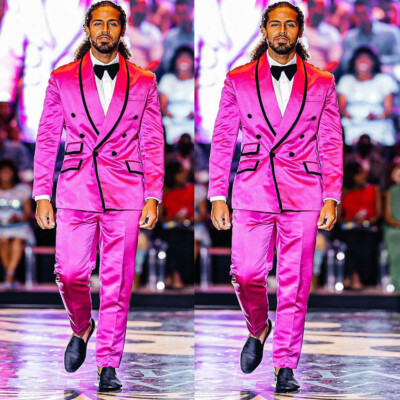 Hot Pink Silk Satin Men's Suits Fashion Wedding Groom Tuxedos 2Pcs Party  Blazer