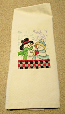 Handmade Finished Huck Towel - Snowman Couple - Cold Outside
