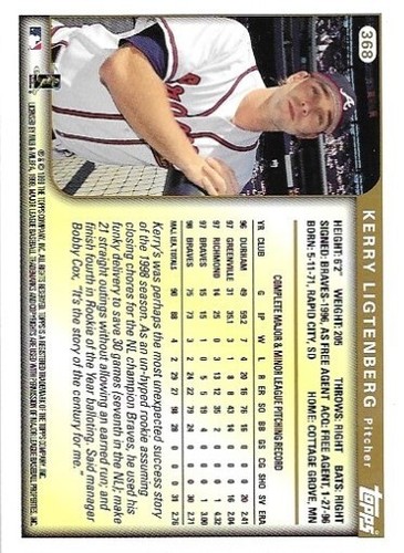 1999 Topps #368 Kerry Ligtenberg Atlanta Braves RC - Picture 2 of 2