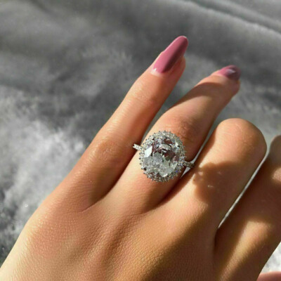 3Ct White Oval Cut Halo Women's Engagement Wedding Ring In 925 Sterling Silver