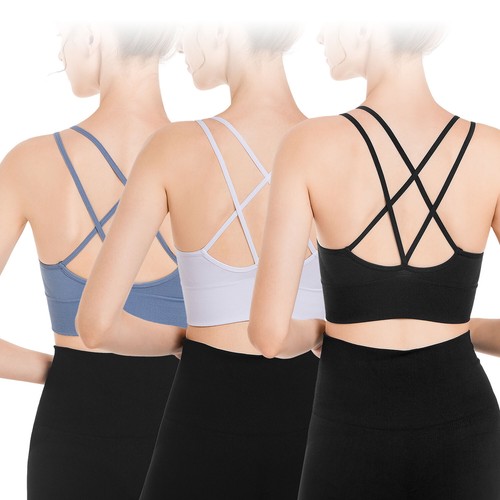 3 Pcs Womens Cross Back Sport Yoga Bras Padded Strappy Criss Cross Cropped Tops - Picture 12 of 24