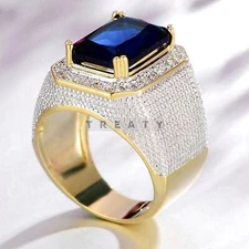 Blue Sapphire Emerald Cut With 925 Sterling Silver Gold Plated Ring For Men #17