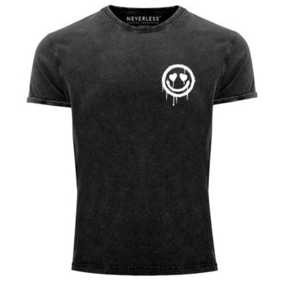 Herren Vintage Shirt Print Aufdruck Motiv Drip Face Drippy Smile Herz-Augen