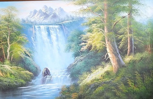 Large Framed Oil Painting BOB ROSS STYLE Mountains Waterfall Forest 24x36 28x40