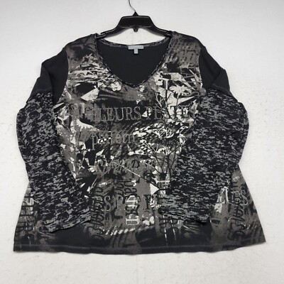 Essentials Shirt Womens Plus 2X Black City V-neck Long Sleeve Top Blouse