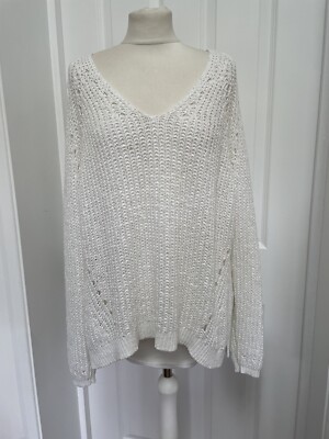 Monsoon Women's White V-Neck Crochet Knit Jumper Oversized