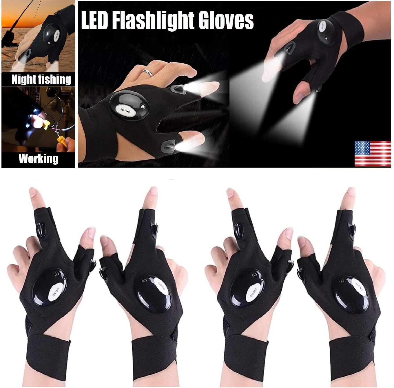 4× LED Flashlight Gloves for Outdoor Fishing Camping Hiking Repair Gloves USA