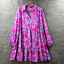 Shein Womens A-line Dress Size L Pink Blue Floral Long Sleeve Collared