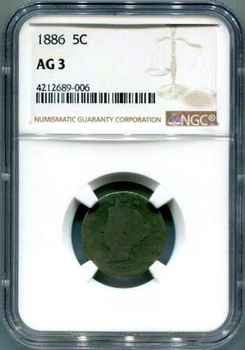 NGC-AG3 1886 LIBERTY 'V' NICKEL - Key Date - Free Shipping