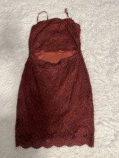 Lovely Day Large Burgundy Shimmer Lace Mini Dress Cut Out Front Waist Scalloped 