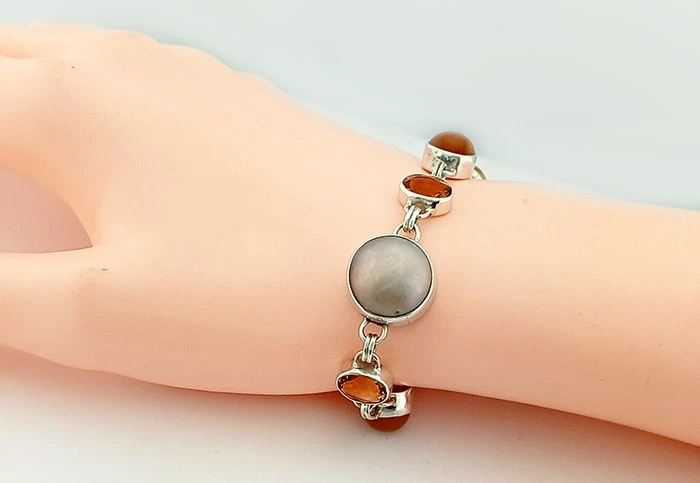 PULSERA TOPACIO AMARILLO GENUINO, PERLAS Y ÓPALO PLATA SÓLIDA .925 - Nueva Con Etiqueta Foto 2 de 4