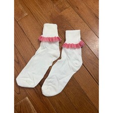 NWOT Vintage 1980s White Red Gingham Ruffled Sock S/M