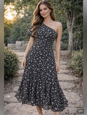 ASTR THE LABEL SANTORI ONE SHOULDER MIDI DRESS NWT FLORAL LARGE SPARKLING THREAD