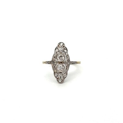 Art Déco Schiffchen Ring mit Altschliff-Diamanten in 585 Gelbgold & Platin