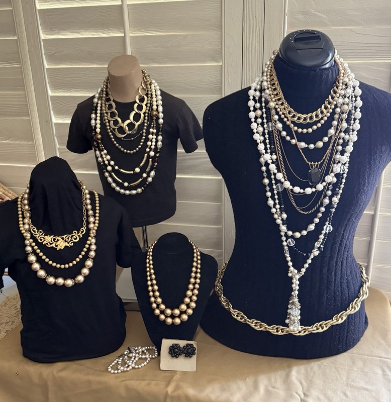 Vintage Costume Jewelry Necklaces And Earrings Gold Chains, Black, Pearls
