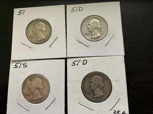 1951P, 1951D(2), 1951S, WASHINGTON QUARTERS 90% SILVER CIRCULATED 4 COINS