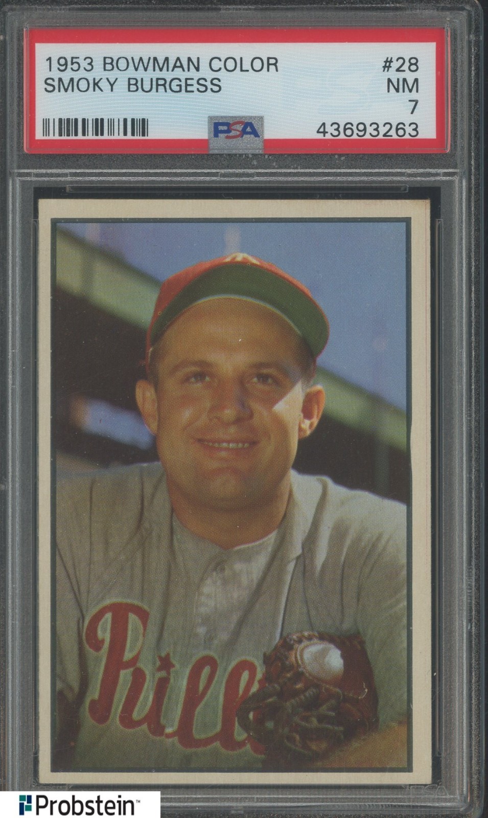 1953 Bowman Color #28 Smoky Burgess Philadelphia Phillies PSA 7 NM