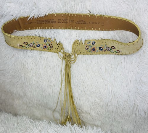 Liz Claiborne Vintage Leather Tie Boho Belt Cream Suede Embroidered Floral M/L