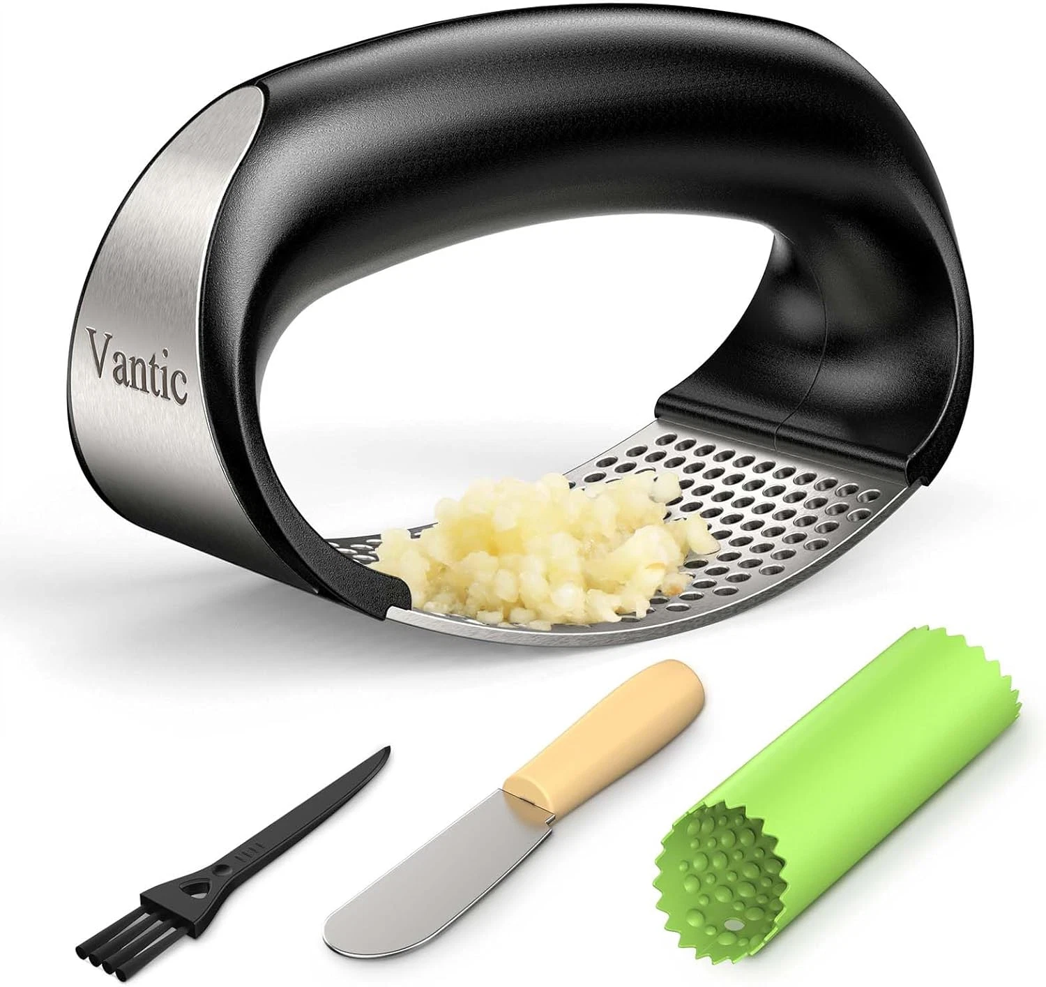 Garlic Press Rocker - Stainless Steel Garlic Crusher, Mincer and Chopper with Pe