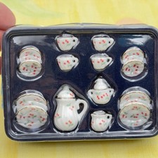 Miniature Porcelain Tea Set White Red Cherry Fruit 15pc Dollhouse Accessory Tiny