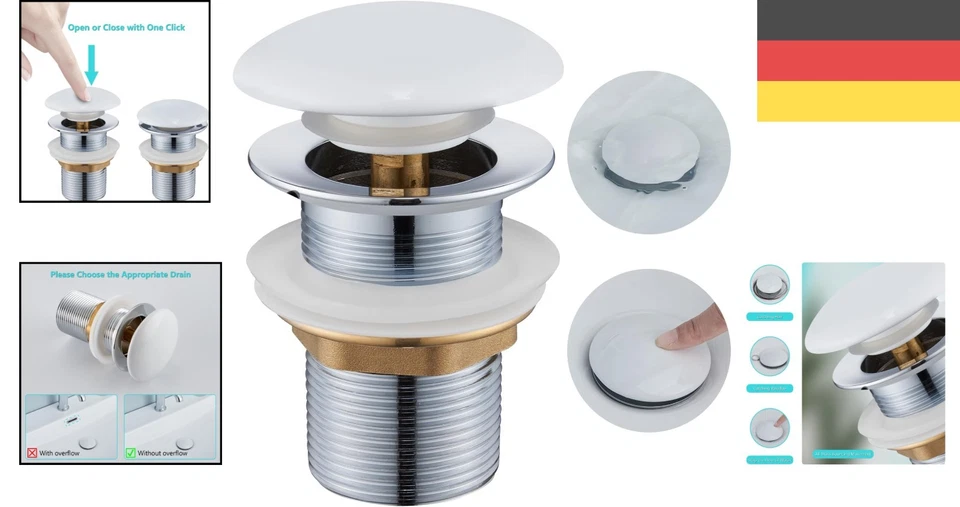Ablaufgarnitur Waschbecken ohne Ueberlauf Keramik Pop Up Ventil Uhr - Bild 2 von 4