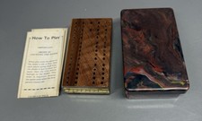 Vintage Wood Cribbage Board  W Plastic Marbilized Case  Instructions Travel