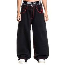 Affliction Flameful Faith Youth Wide Leg Jeans Black Red Flame Skater Siz 27 NEW