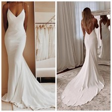 Modern Satin Wedding Dress V-neck Slim Shoulder Strap Pleated A-line Bridal Gown