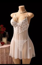 White Lace Sheer Babydoll Lingerie Set with Matching Thong Bridal Size 14