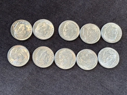 Lot of 10: 1964 Roosevelt silver dimes    Au/Unc