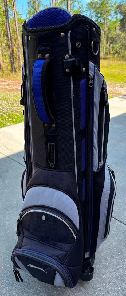 Bolsa de golf Slazenger azul y negra carro divisor de 14 vías transporte con cubierta para lluvia Foto 2 de 4