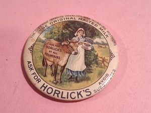 Horlicks Malted Milk EARLY Celluloid Pocket Mirror w Pretty Girl & Cow 