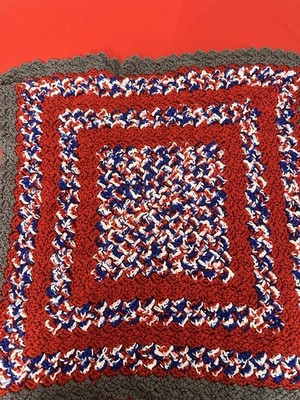 Crocheted Afghan Lap Blanket Red White Blue Gray