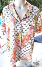 Victoria's Secret Vintage L Satin Flowers pajama Top Sleep Short Sleeve Logo