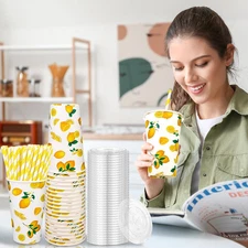 180 Pcs/60 Sets Lemonade Cups Disposable Paper Cups with Lids and Paper Straws