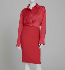 Halston Womens' Red Mixed Media Collared Long-Sleeve Dress Size 8