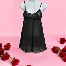 Victoria's Secret Black Chemise Nighty Medium Sheer Stretch Floral Lace Slip