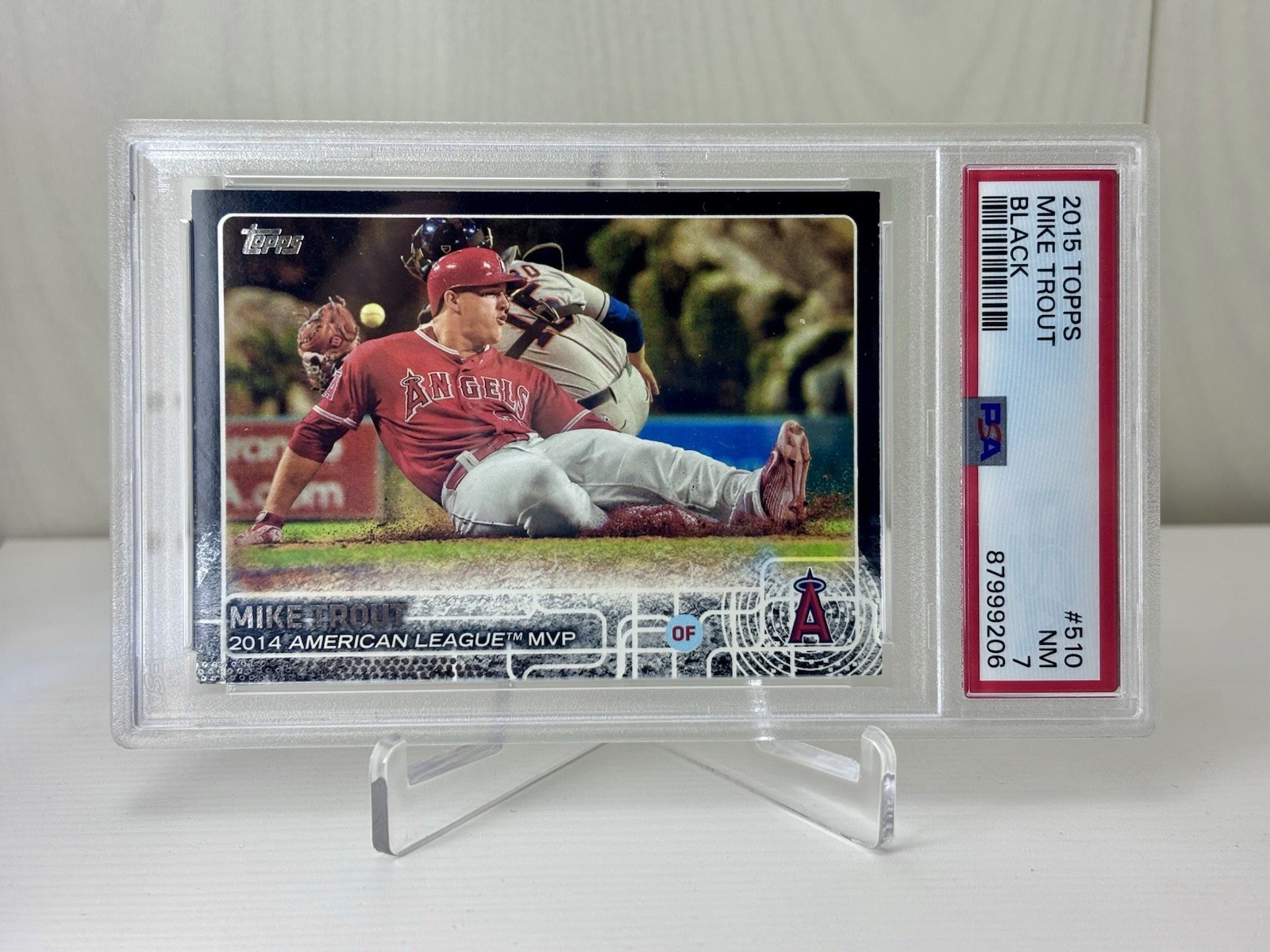 2015 Topps Mike Trout #510 Sliding — Black parallel /64 PSA 7 view 3