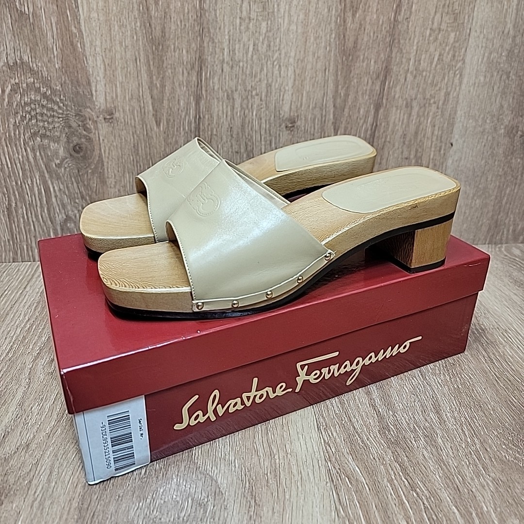 Salvatore Ferragamo Platform Mules Clogs Sandals Wooden Tan