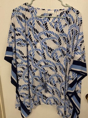 Rafaella Top Womens OS Rope Print Tassel Poncho Tunic Blue White Lightweight